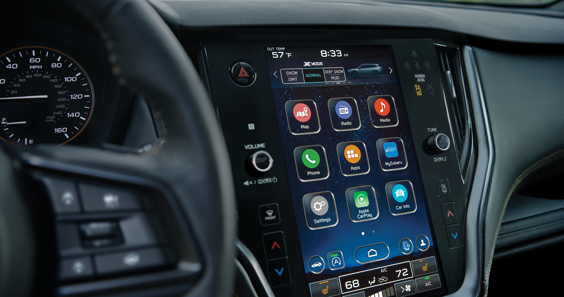 A close-up of the 11.6-inch touchscreen for the STARLINK Multimedia system on the 2023 Outback Wilderness. | Subaru of Grand Blanc in Grand Blanc MI